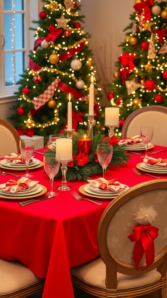 Festive Christmas Table Setting A festive Christmas table setting with red tablecloth, elegant dinnerware, candles, and greenery, with a Christmas tree in the background.